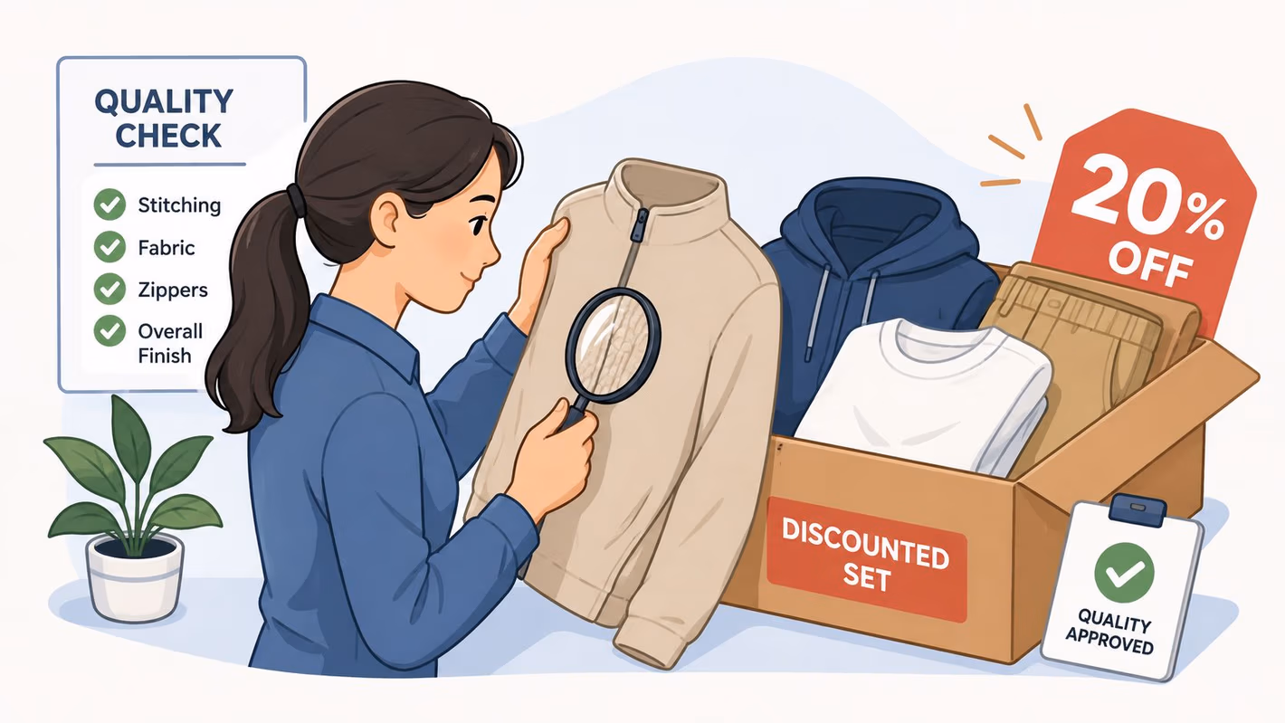 A quality inspector examining a piece of clothing next to a discounted set of garments in a box.