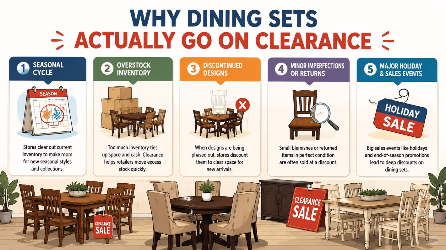 An infographic explaining five reasons why dining sets go on clearance, including seasonal changes and inventory management.