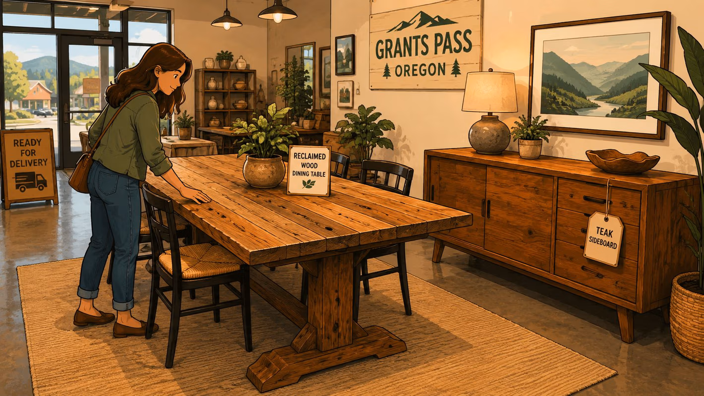 A woman admiring a rustic reclaimed wood dining table and teak sideboard in a cozy furniture store.