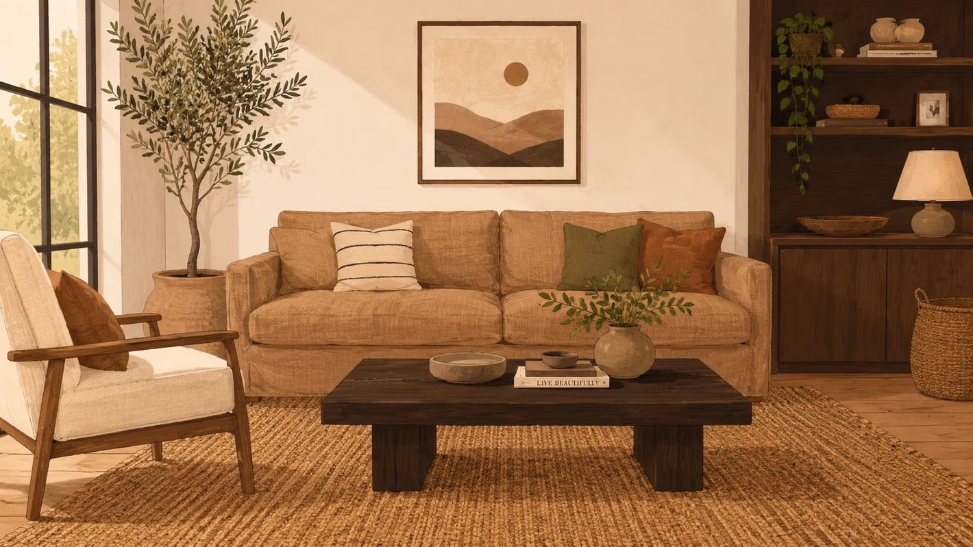 A cozy living room featuring a tan sofa, warm earth tones, wooden furniture, and indoor plants.