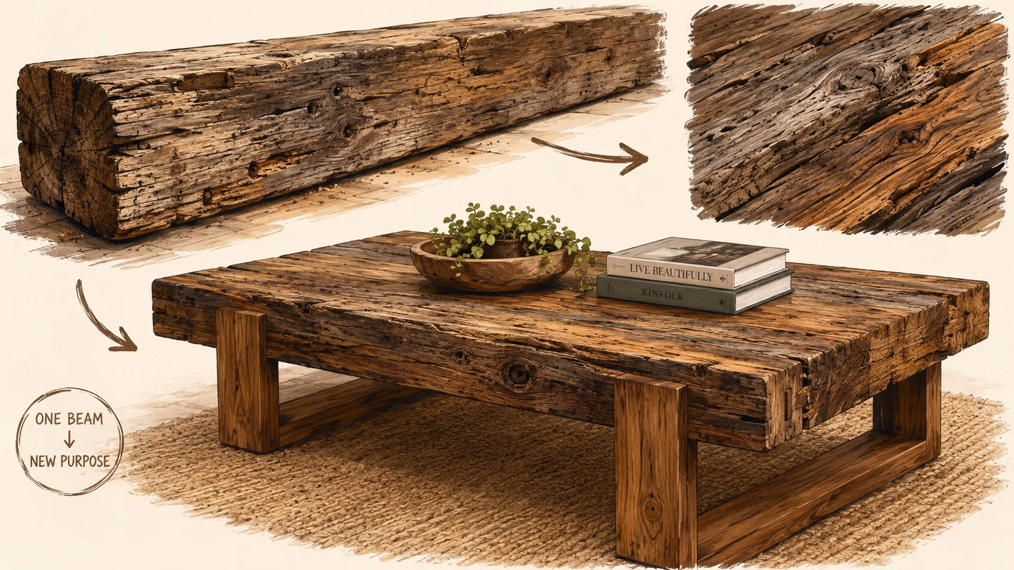 A rustic coffee table handcrafted from a weathered reclaimed wood beam sitting on a textured rug.