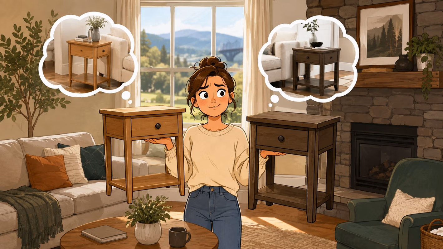 A woman holding two wooden end tables while considering which color choice fits her living room decor.