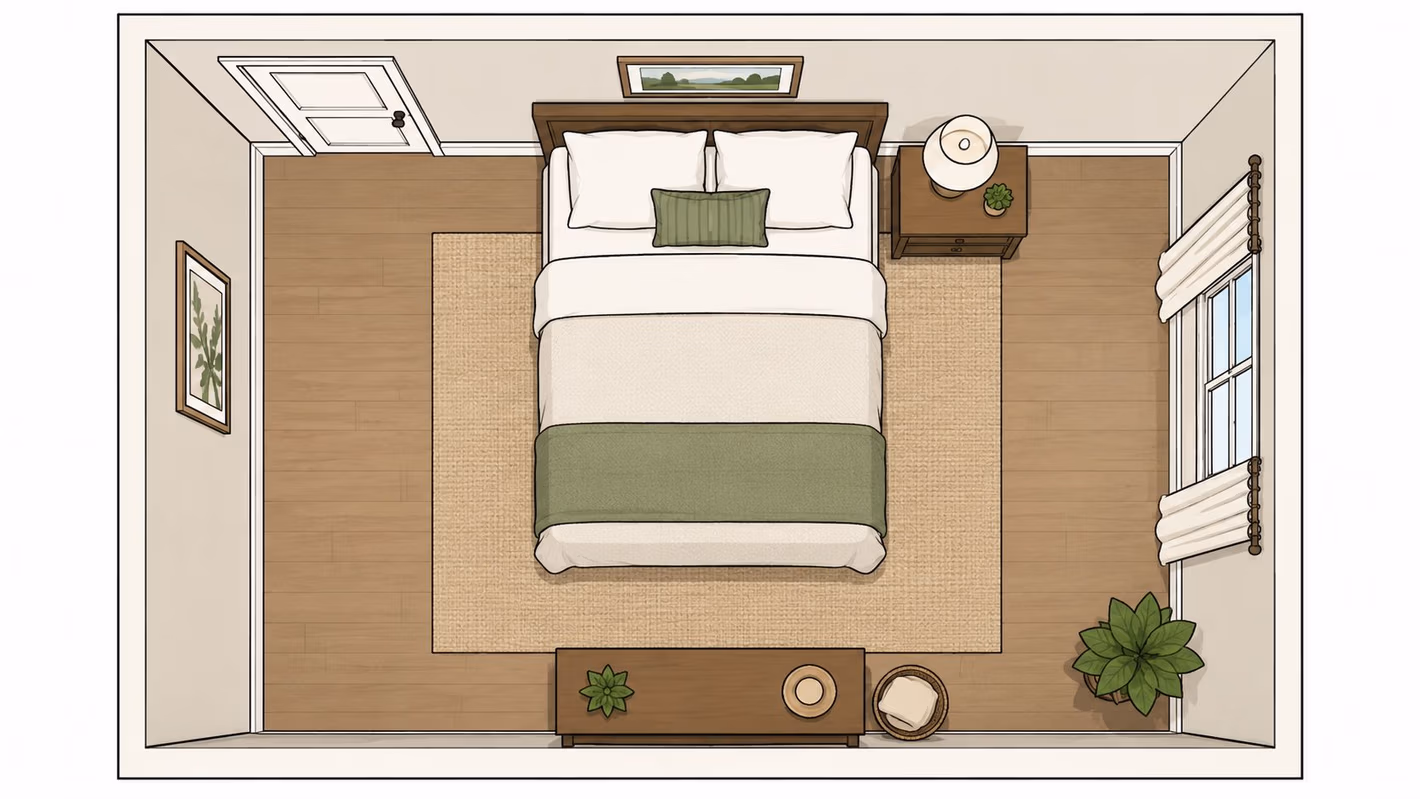 An overhead floor plan view of a cozy, modern bedroom featuring a bed, nightstand, and room decor.