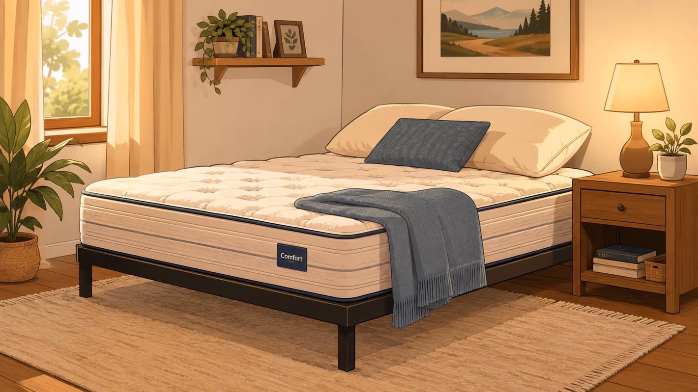 A cozy, well-lit guest bedroom featuring a comfortable mattress, wooden nightstand, and elegant decorative plants.