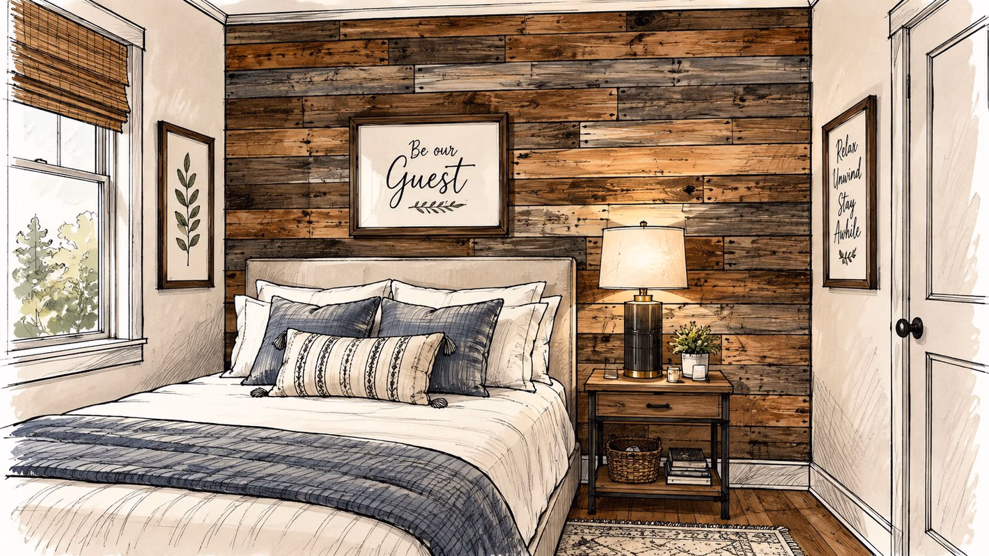 A cozy rustic guest bedroom features a wooden plank accent wall, a comfortable bed, and warm lighting.