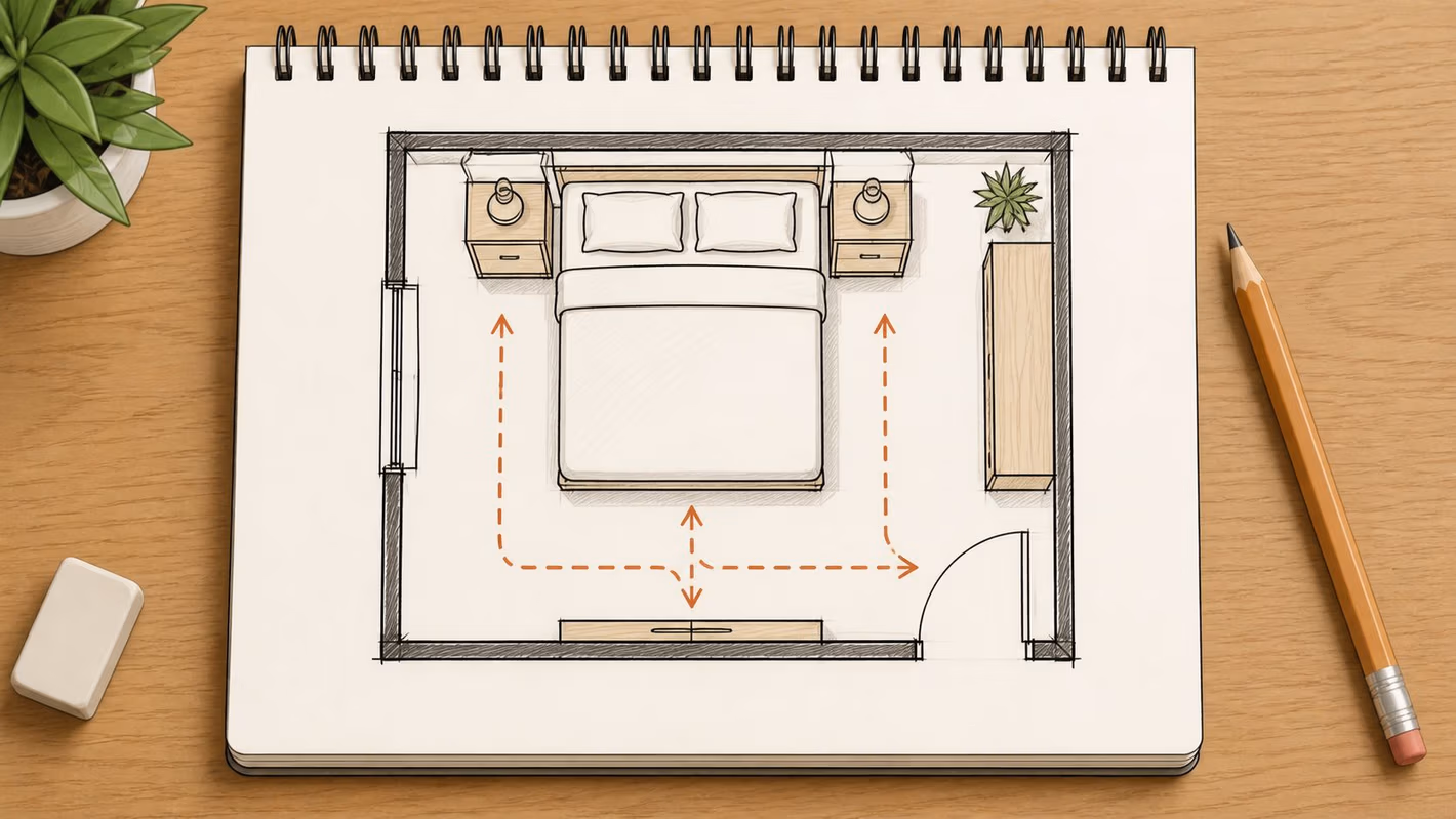 A hand-drawn floor plan sketch of a bedroom showing the arrangement of a bed and furniture.