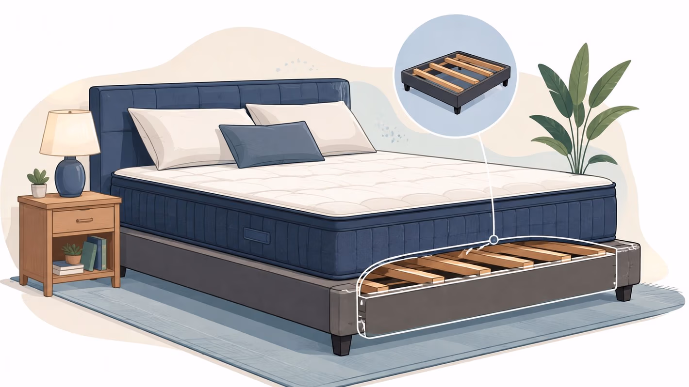 A comfortable mattress sitting on a supportive wooden slat bed frame inside a modern bedroom interior.