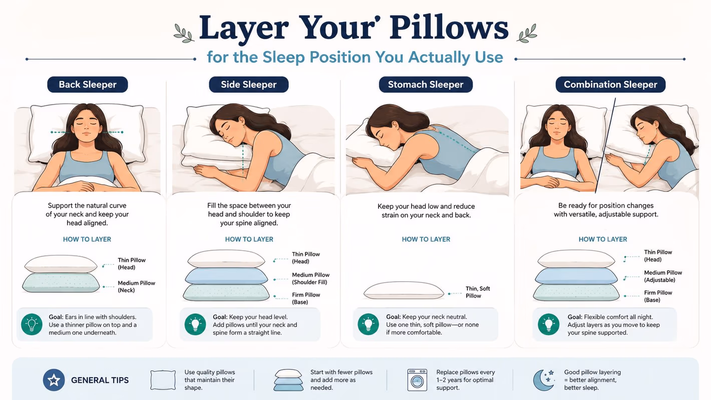 An infographic showing how to layer pillows correctly for back, side, stomach, and combination sleeping positions.