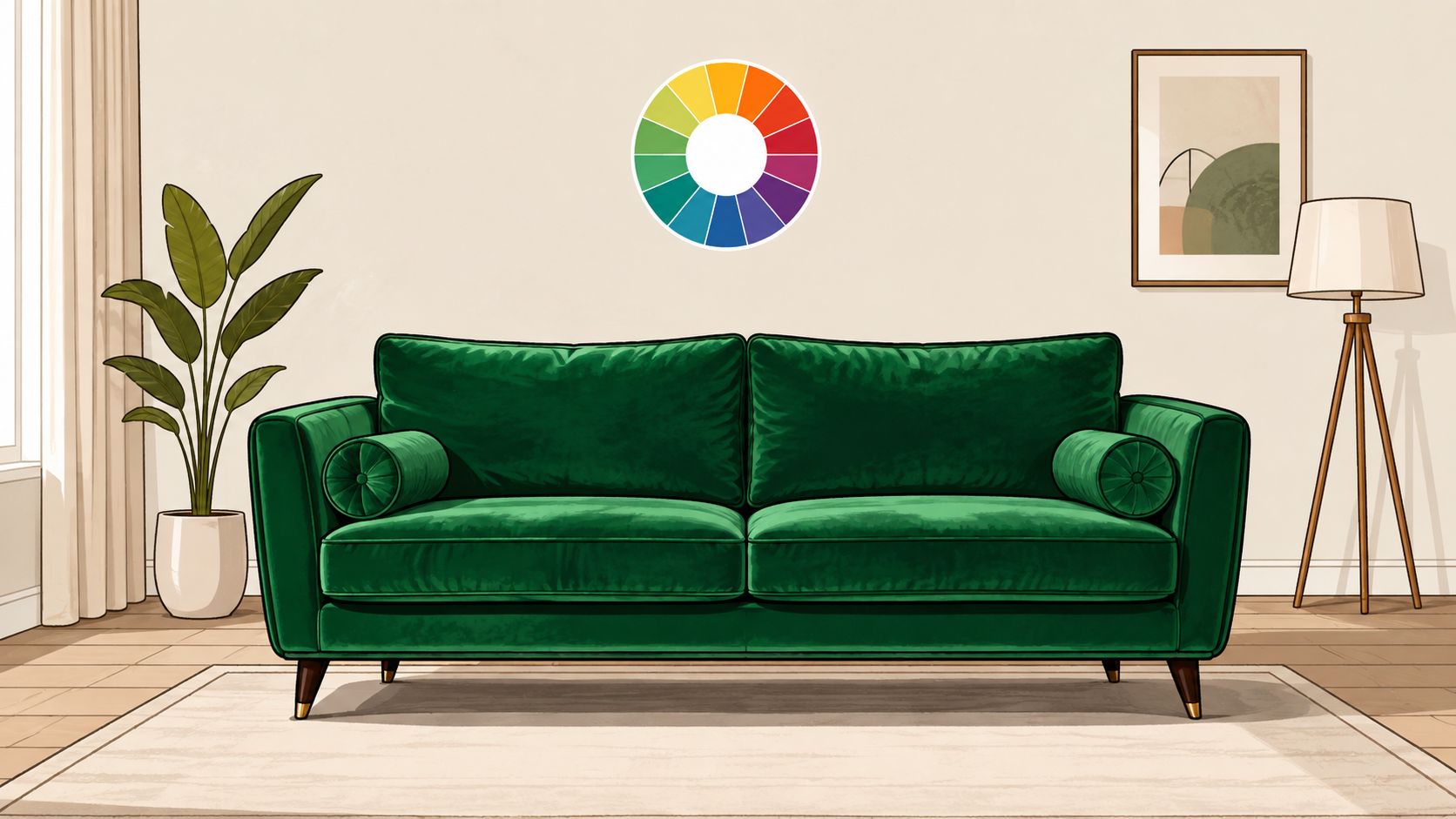 A modern emerald green velvet sofa in a bright living room with a color wheel decoration.