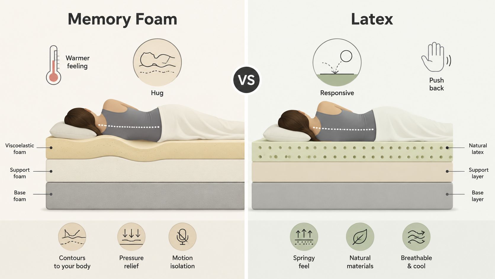A comparison illustration showing the structure and sleeping benefits of memory foam versus latex mattress types.
