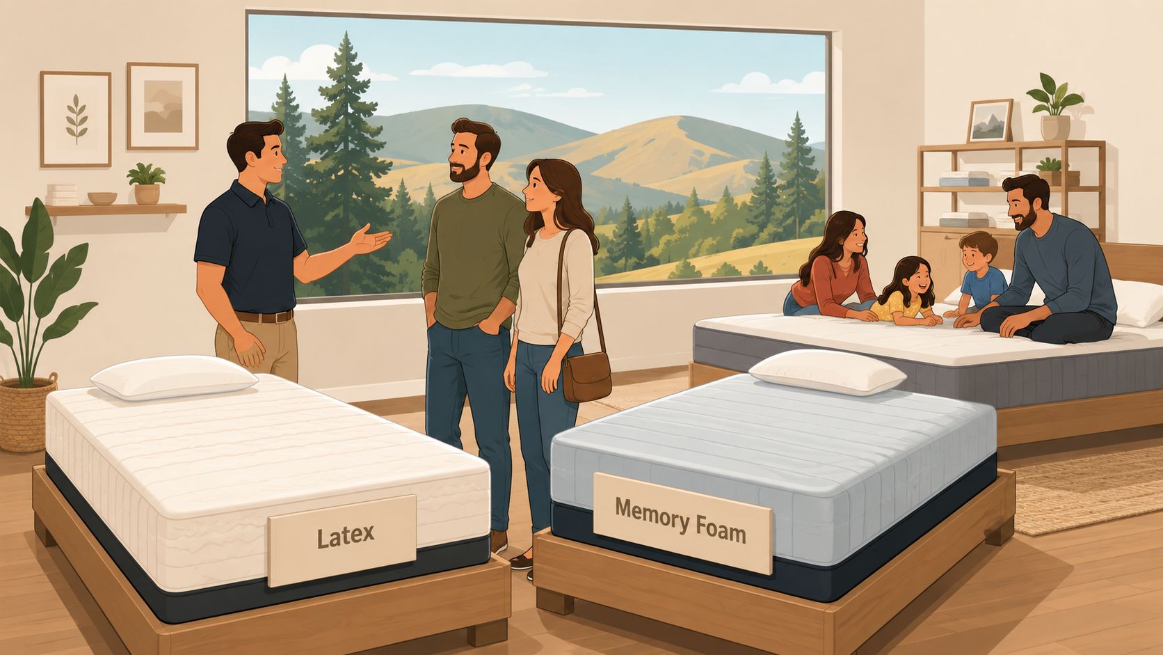 A salesman explains the features of a latex mattress versus a memory foam mattress to a couple.