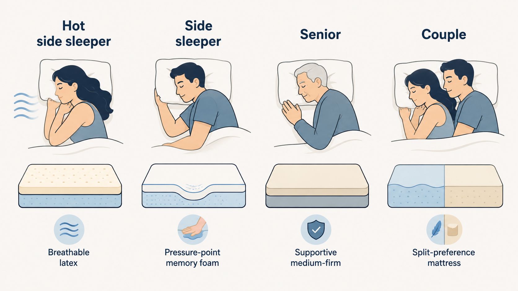 An illustration showing four different sleeper types with recommended mattress types like latex, memory foam, and hybrid.