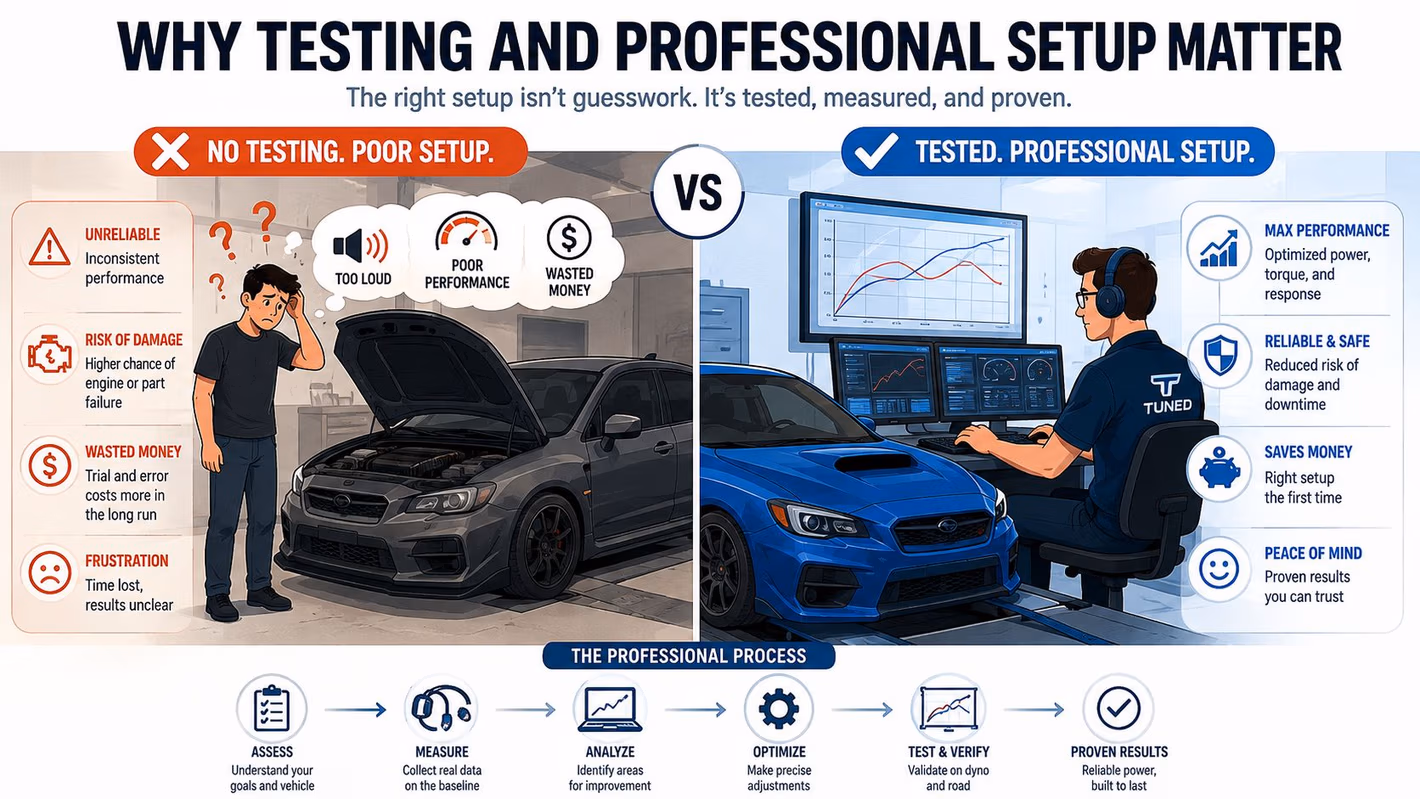 Comparison of a DIY car tuning approach versus a professional, data-driven vehicle performance tuning process.