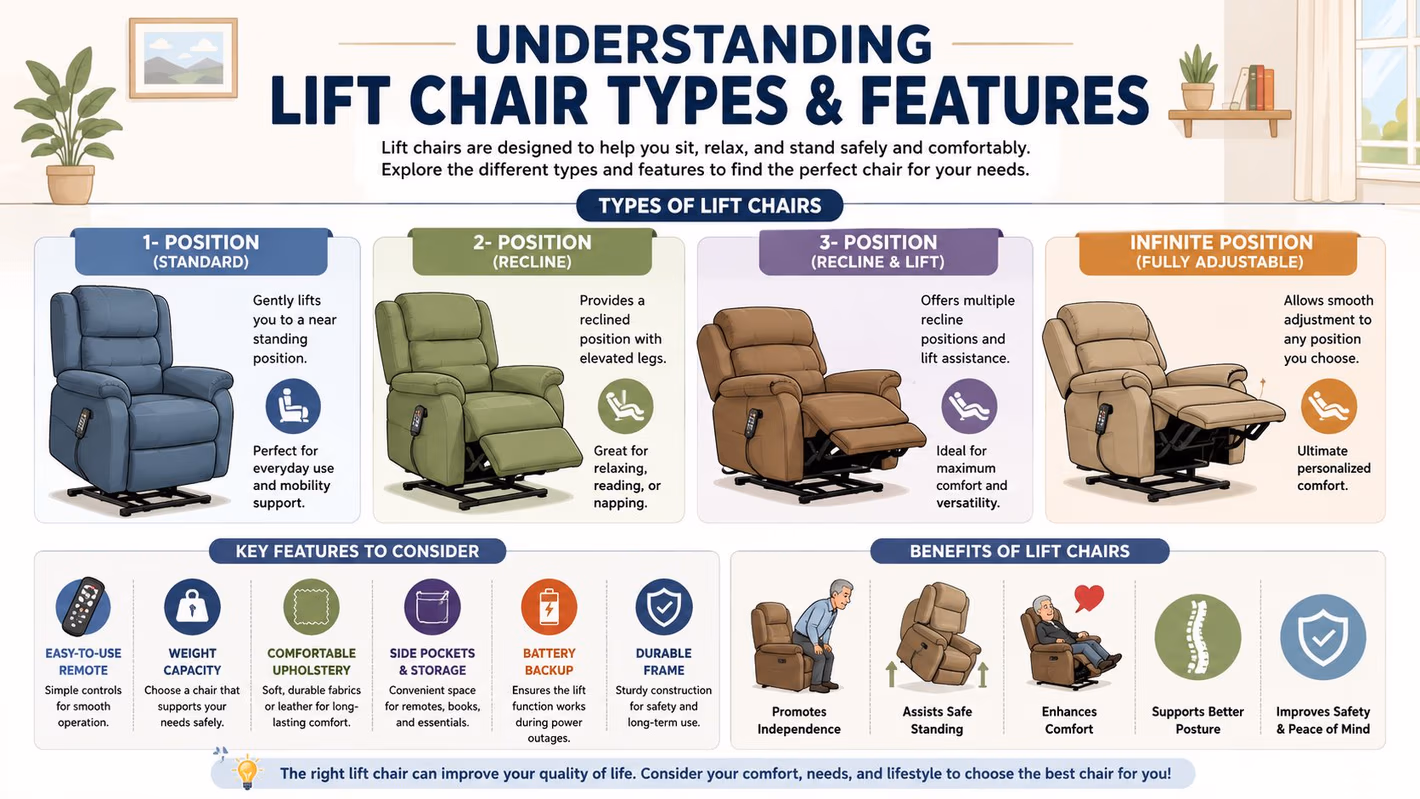 A comprehensive infographic showing different types of lift chairs, their features, and the benefits for users.