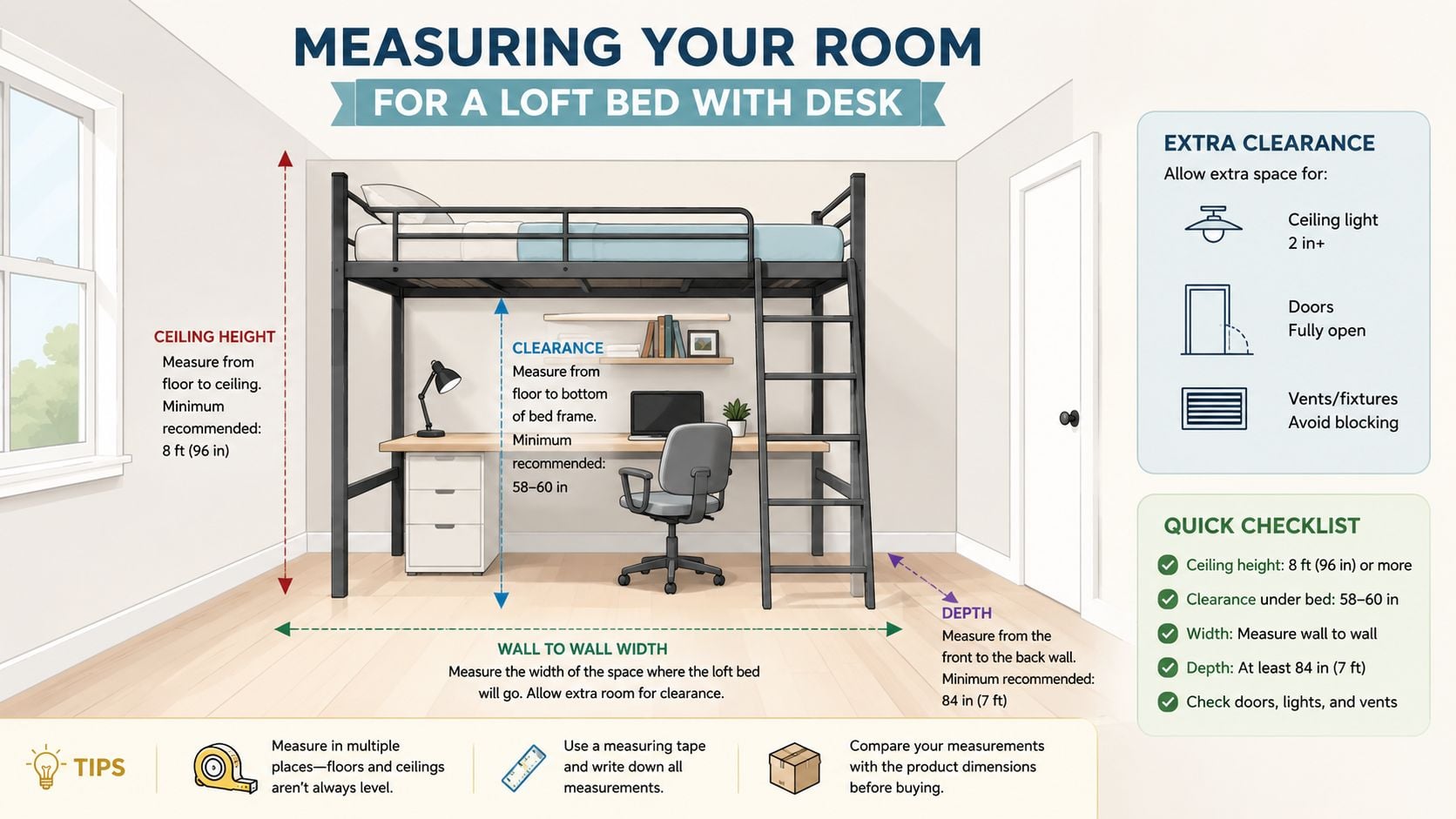 An infographic illustrating how to measure a room for a loft bed with an integrated desk.
