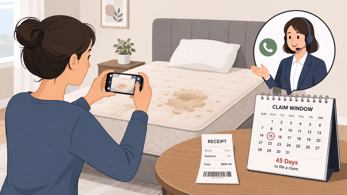 A woman takes a photo of a stained mattress for an insurance claim with customer support guidance.