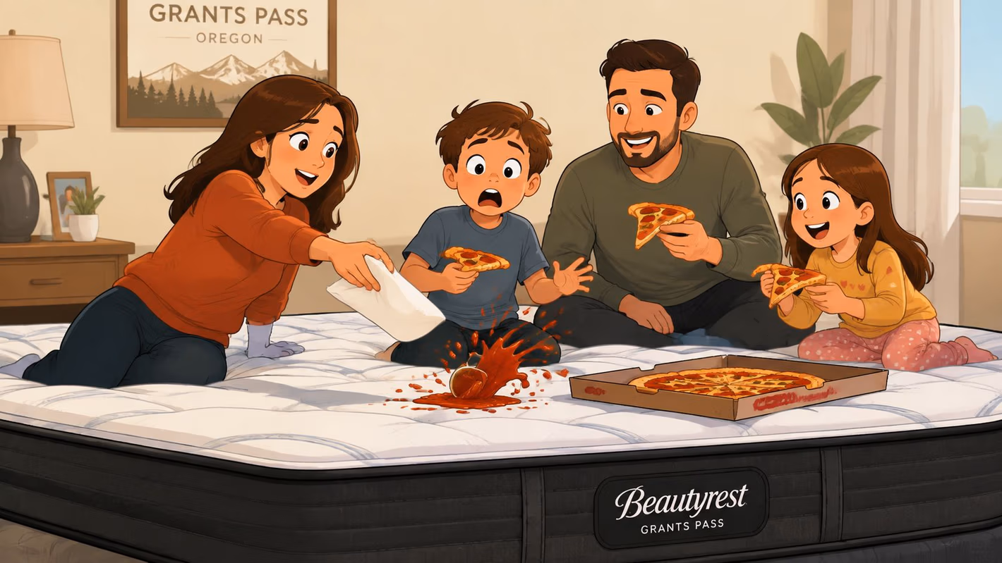 A family reacting to a pizza sauce spill on their Beautyrest mattress during a bedroom meal.