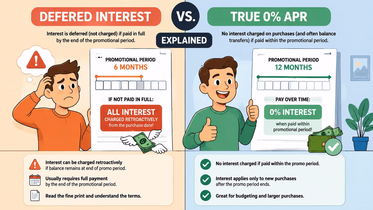 A comparative infographic explaining the key differences between deferred interest financing and true 0% APR offers.