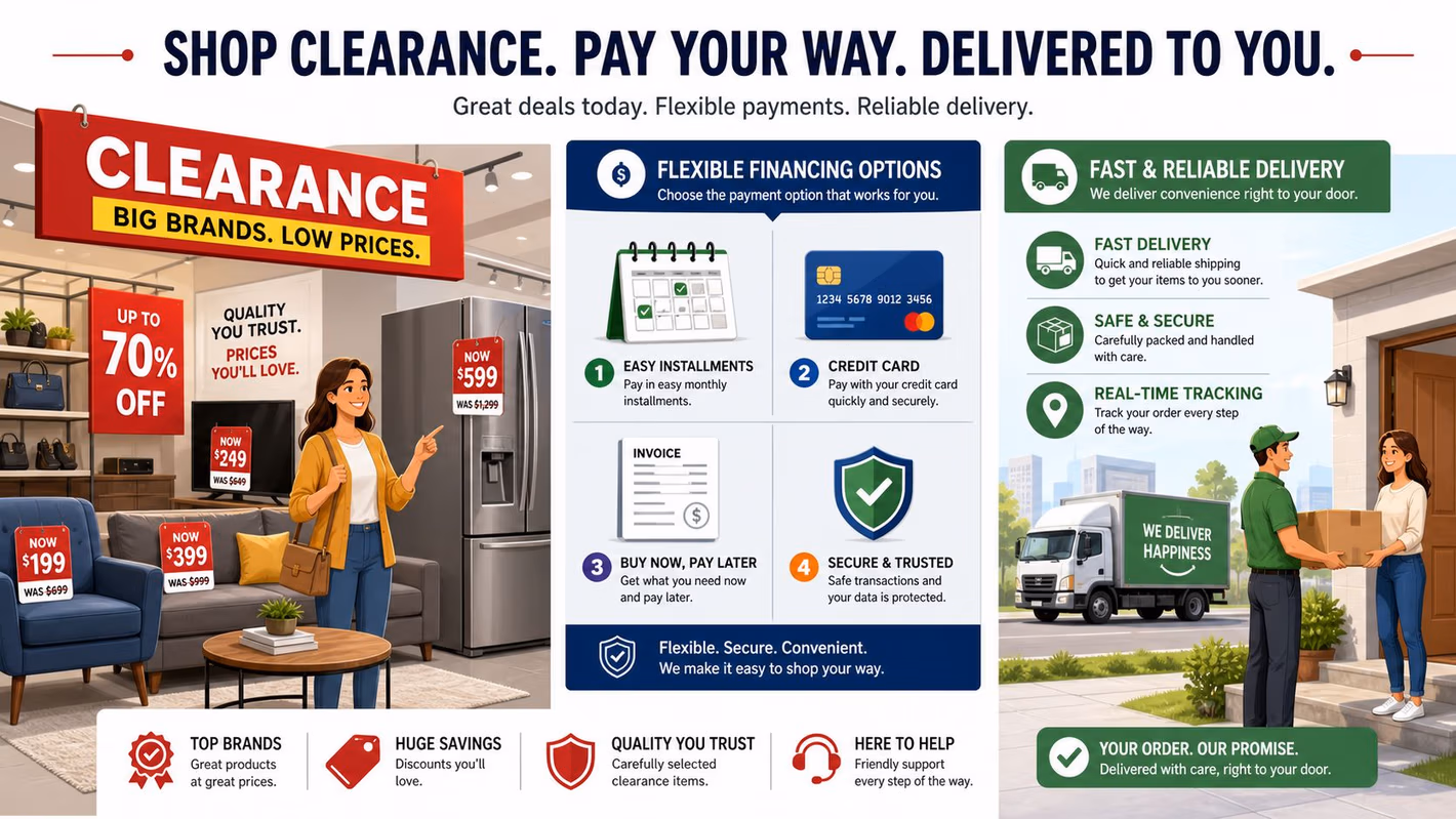 A promotional graphic displaying furniture clearance deals, flexible payment financing options, and reliable home delivery services for customers.