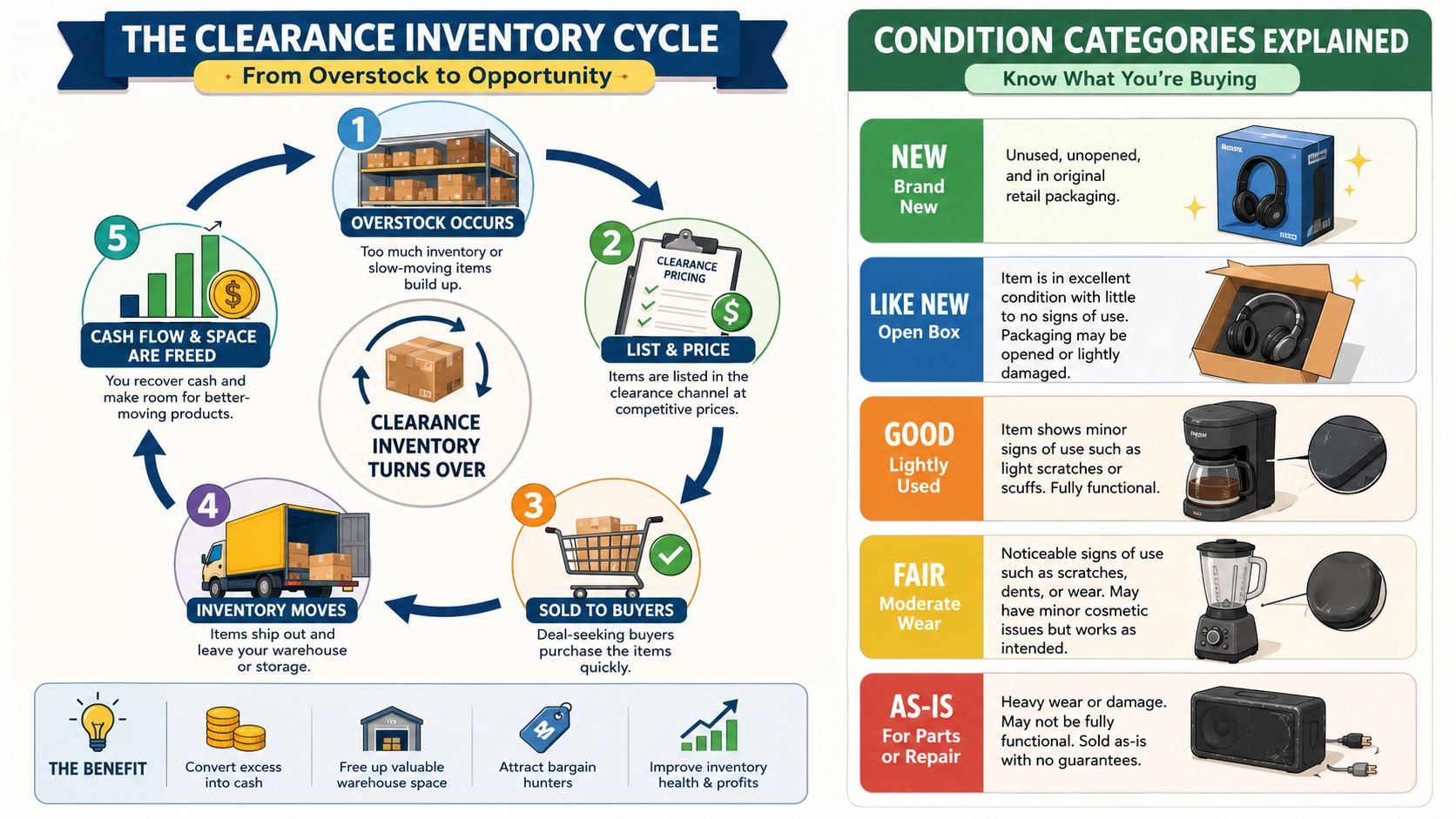 An infographic showing the clearance inventory cycle process and explaining product condition categories for shoppers.