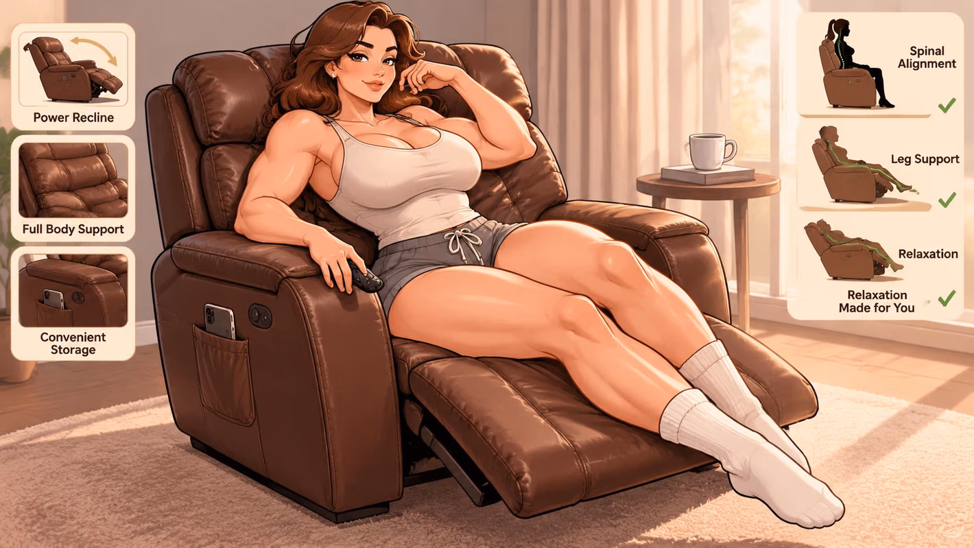 A fit woman relaxing in a comfortable brown leather power recliner chair in a sunny living room.