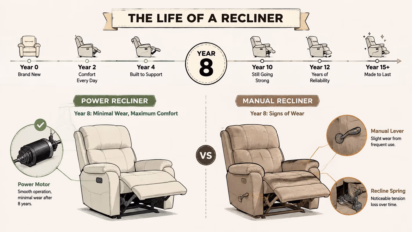 A timeline chart comparing a power recliner and a manual recliner after eight years of daily use.