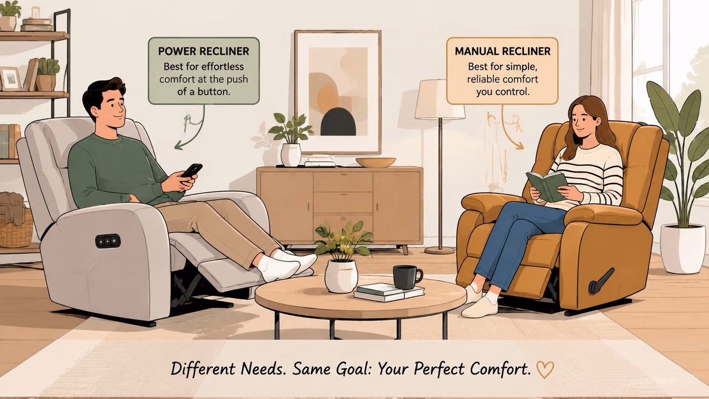 A man in a power recliner and a woman in a manual recliner relaxing in a living room.