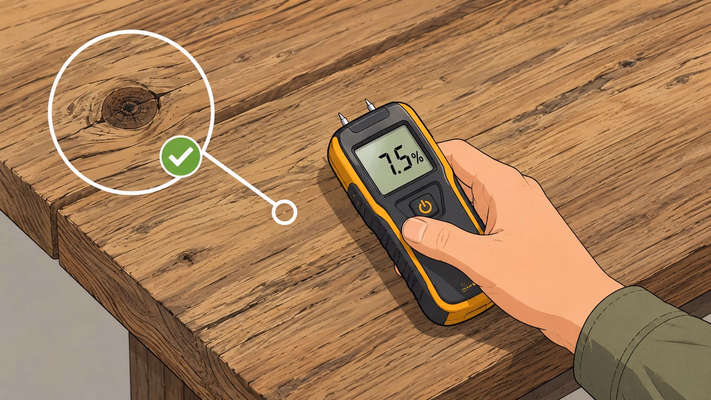 A person holding a digital moisture meter on a reclaimed wood table top to measure humidity levels.