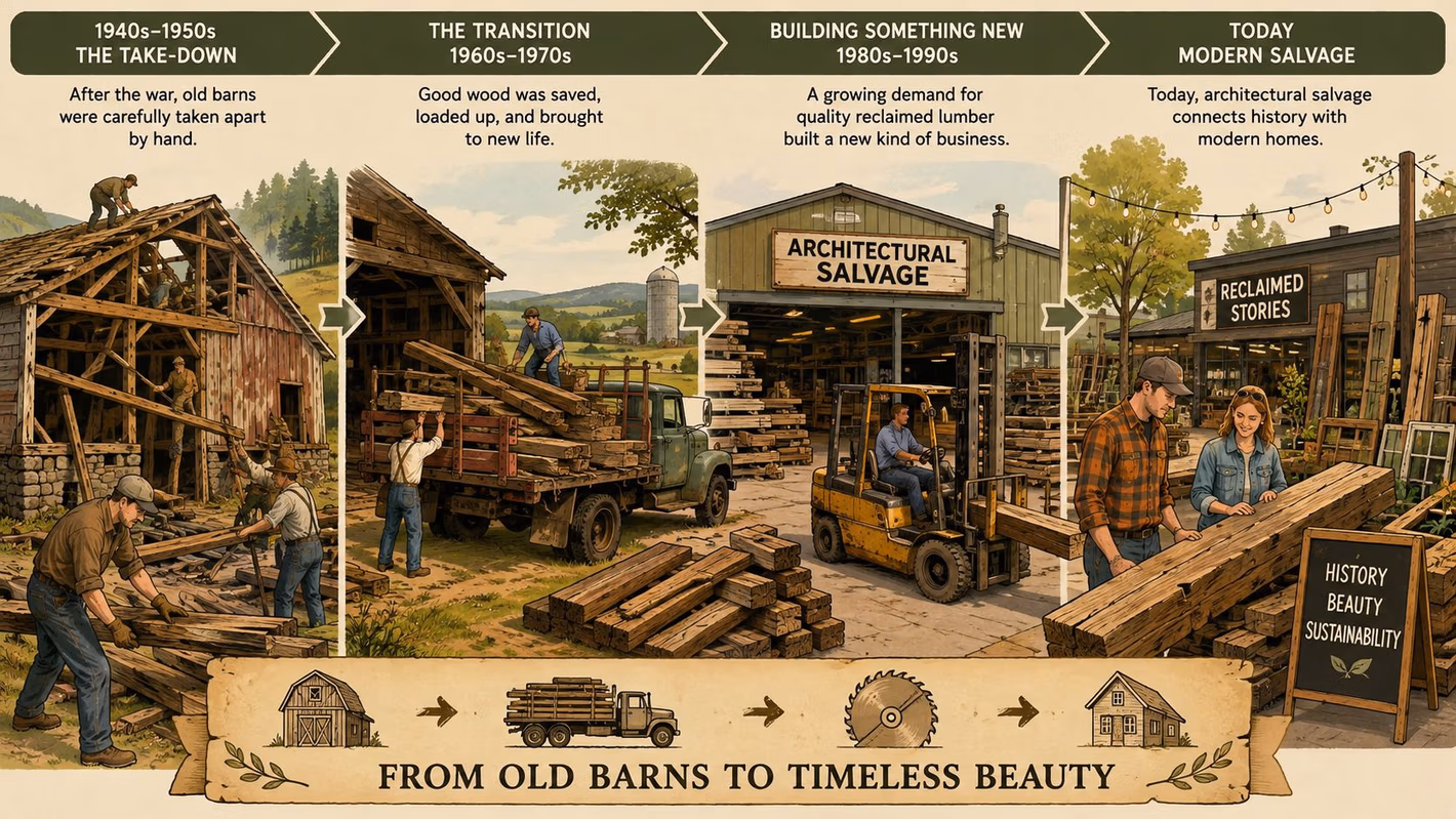 A timeline illustration showing the history of reclaimed barn wood from dismantling to modern architectural sales.