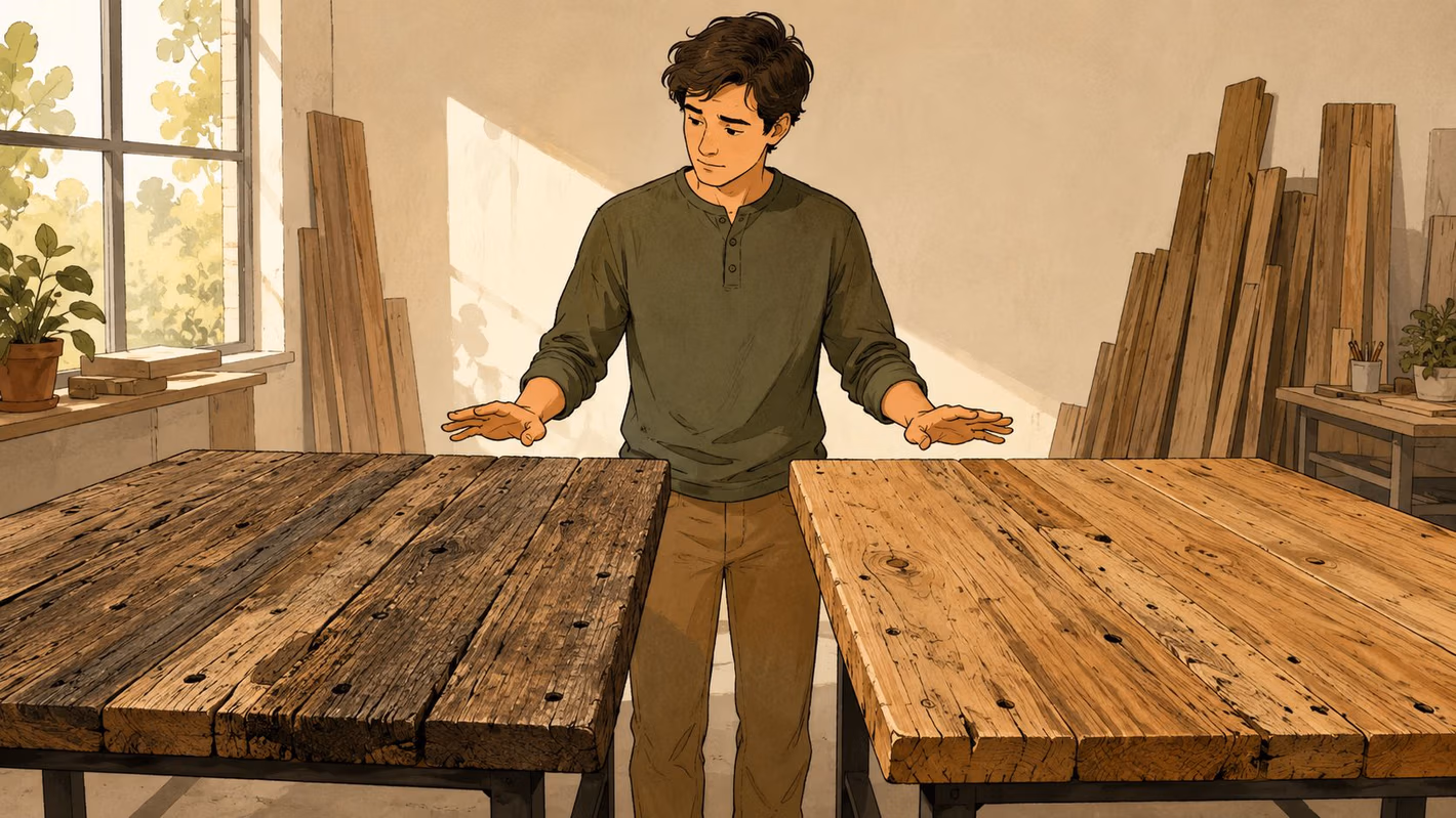 A young carpenter stands in his workshop comparing a dark reclaimed wood tabletop to a lighter one.