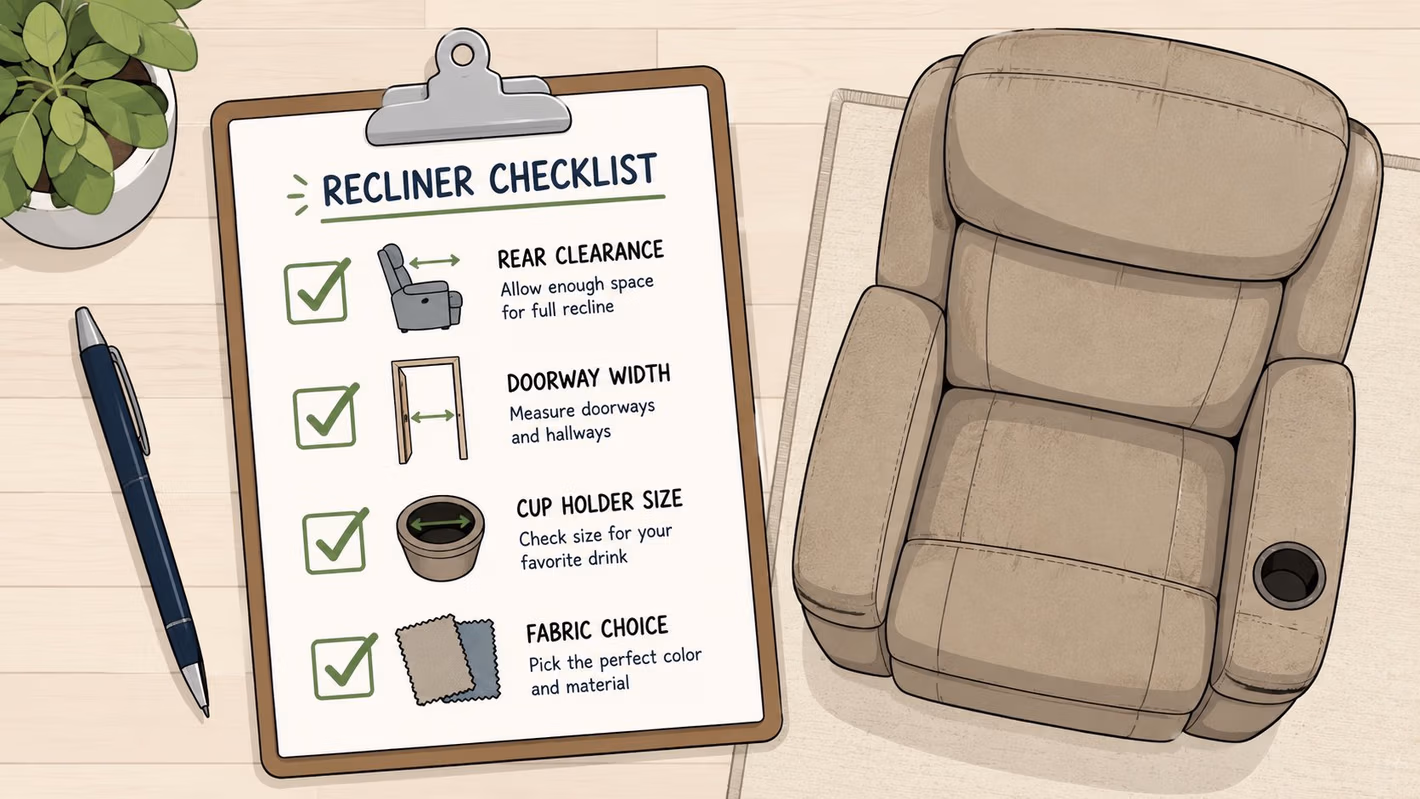 A clipboard with a recliner checklist next to a top view illustration of a comfortable recliner chair.