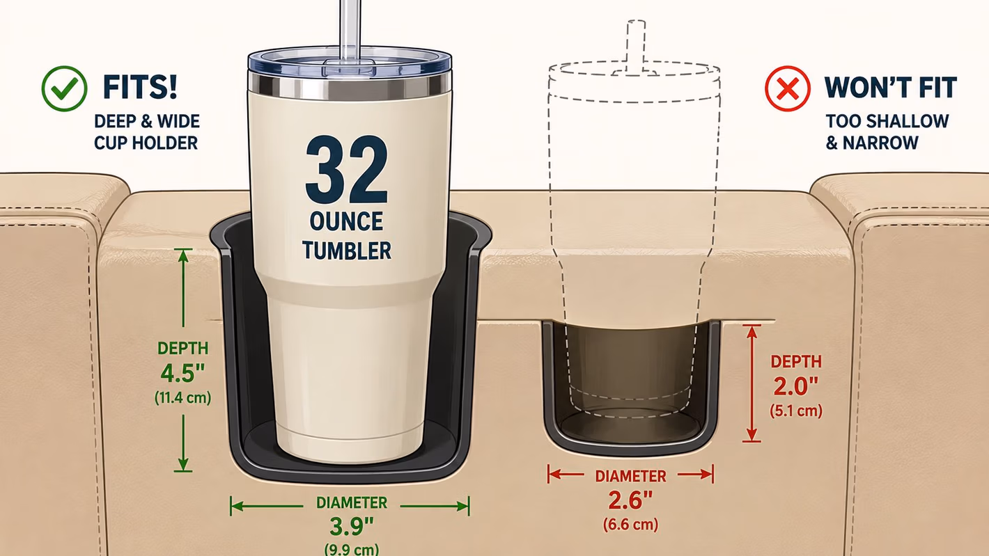A comparison illustration showing a large tumbler fitting in a deep cup holder versus a small, shallow one.