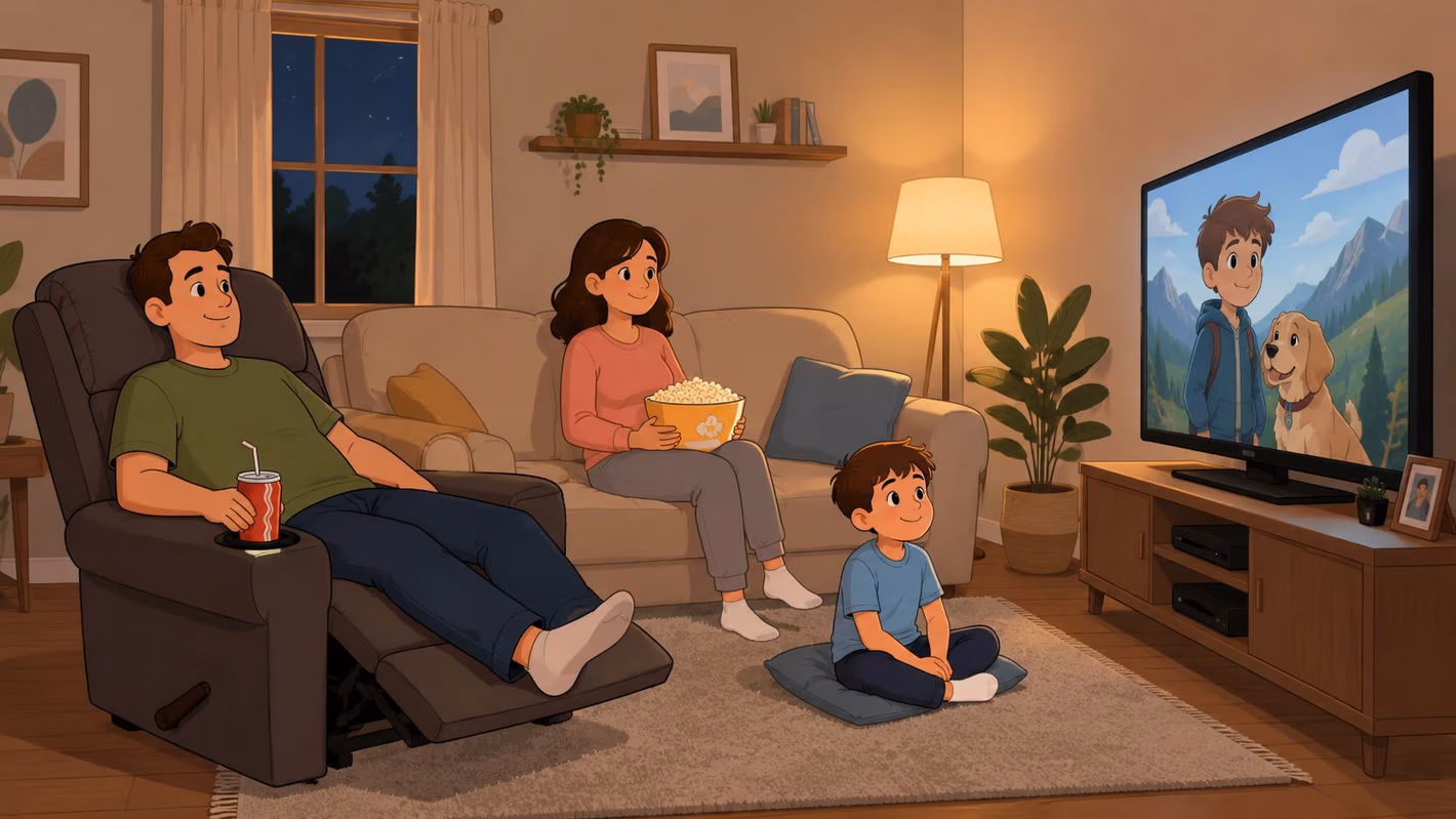A happy family relaxing on a recliner with cup holder and sofa while watching television together.