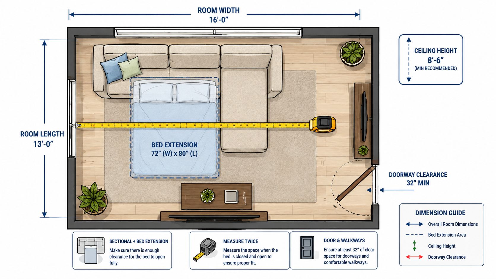 Top-down floor plan showing a sectional sofa layout with a pull-out bed extension in a living room.