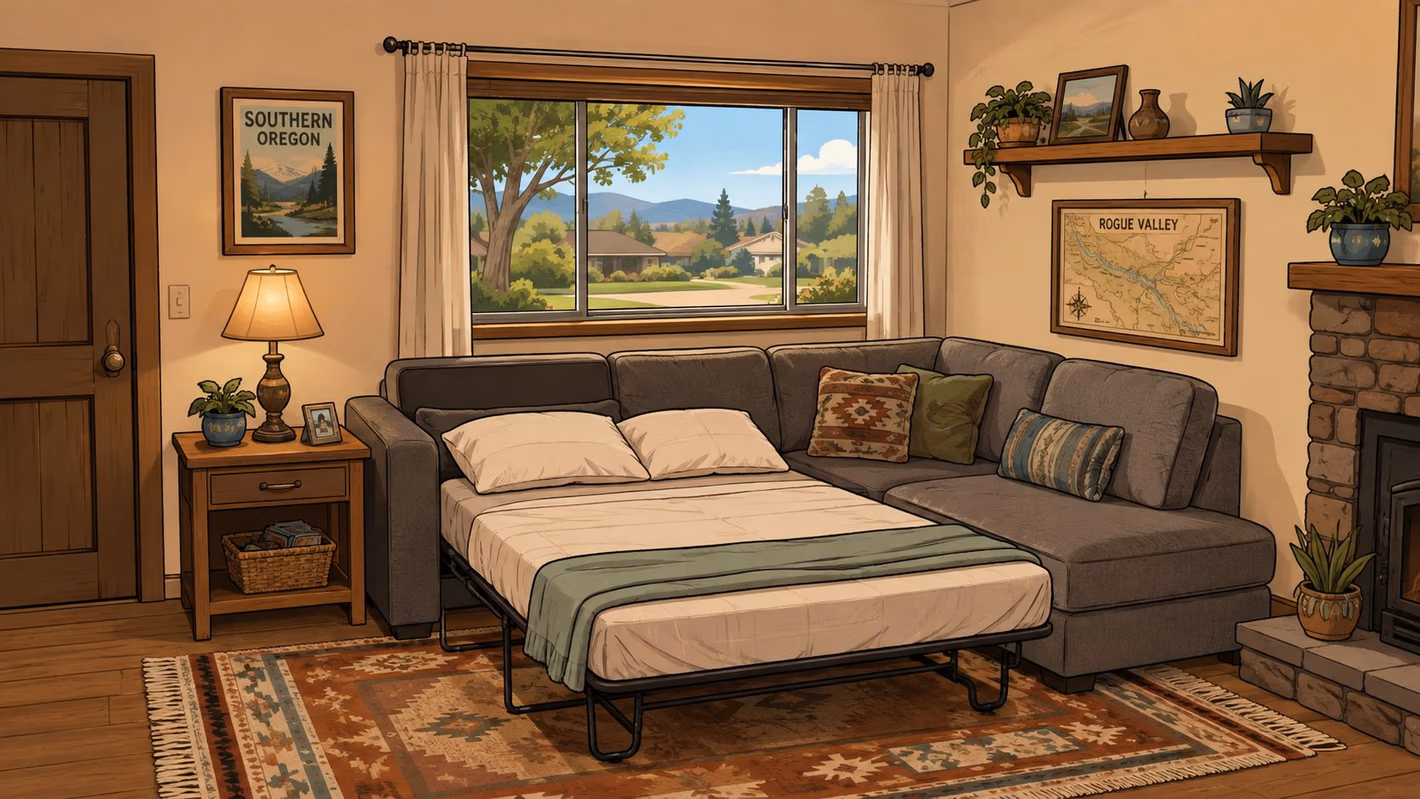 A cozy living room interior featuring a dark grey sectional sofa converted into a comfortable pull-out bed.
