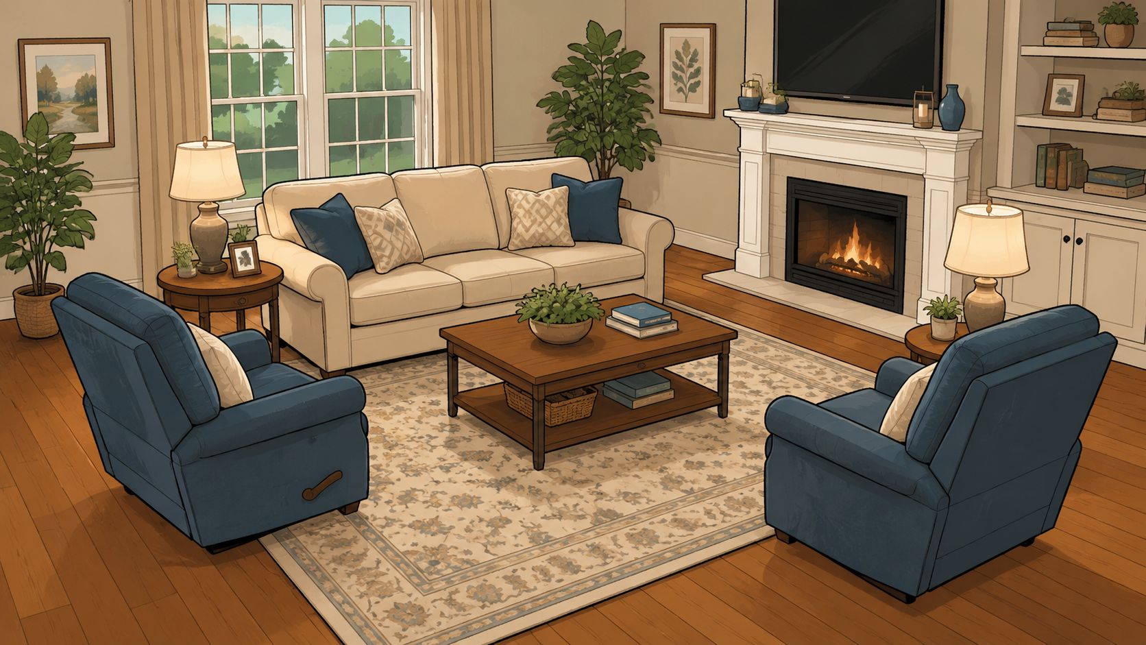 A cozy living room interior featuring a beige sofa, two blue recliners, a fireplace, and wooden furniture.