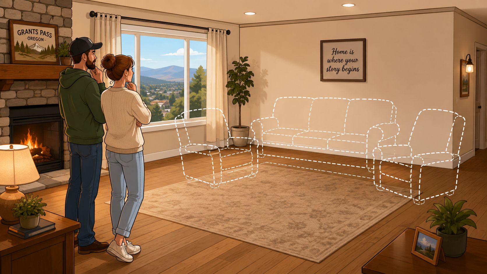A couple looking at a living room layout with outlines for a sofa and two recliners.