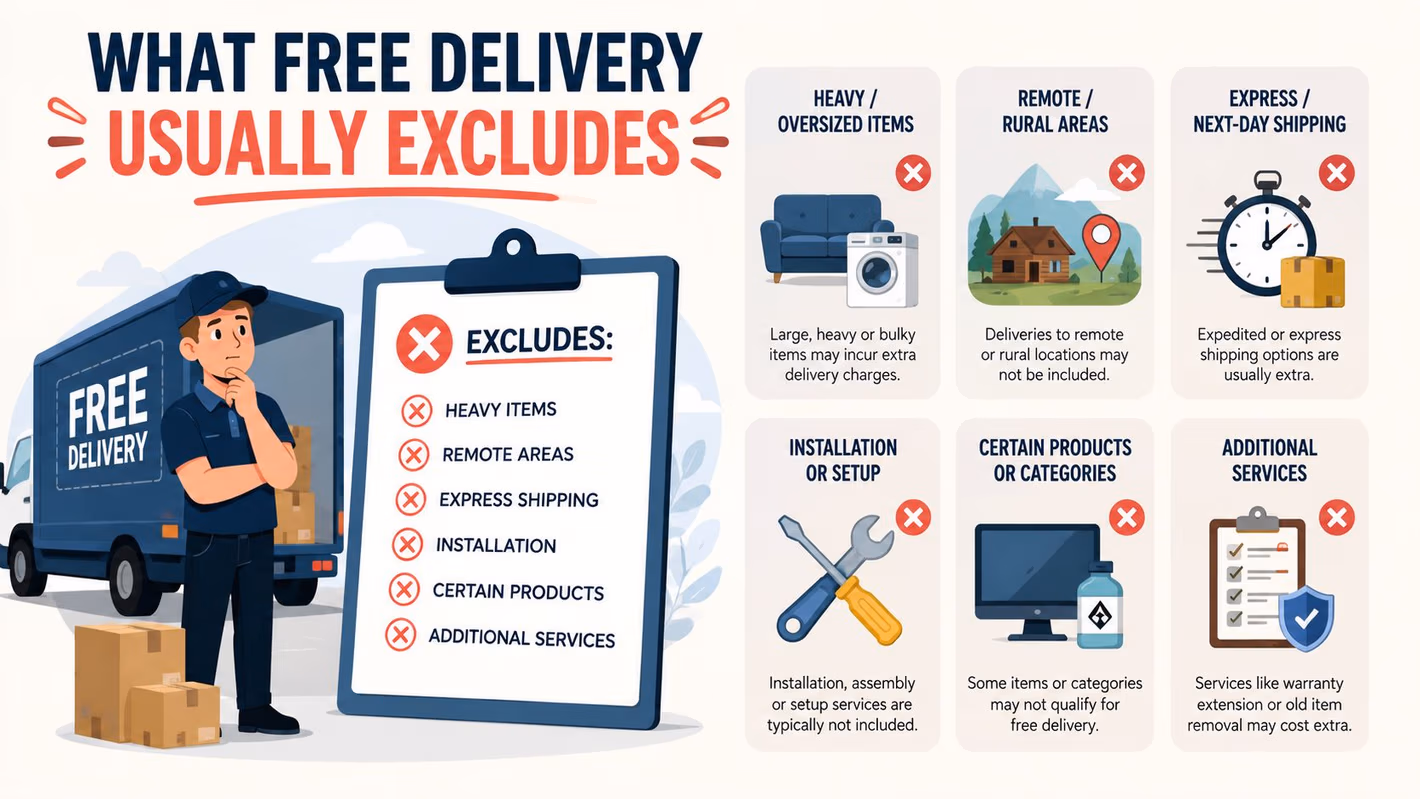 An infographic illustrating six common scenarios where free delivery policies usually do not apply to purchases.