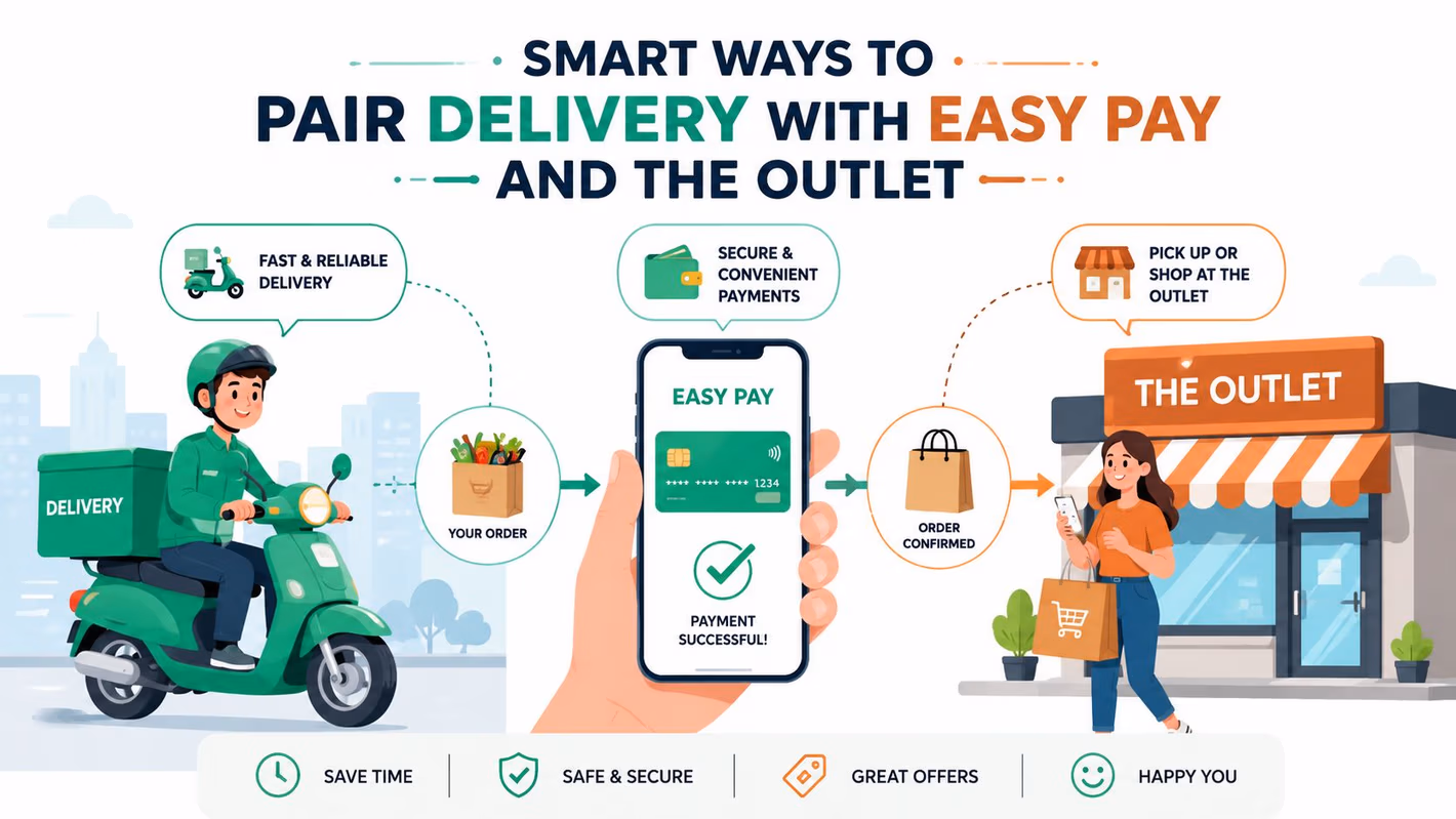 A graphic illustration showing a food delivery process with online payment, order confirmation, and store pickup options.