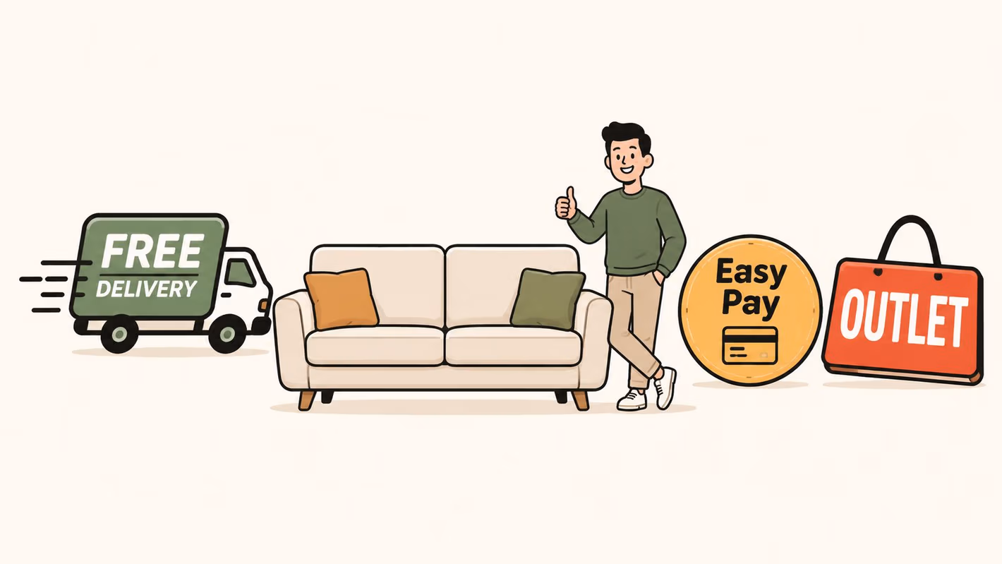 A man leaning on a beige couch with icons representing free delivery, easy payment, and outlet shopping.