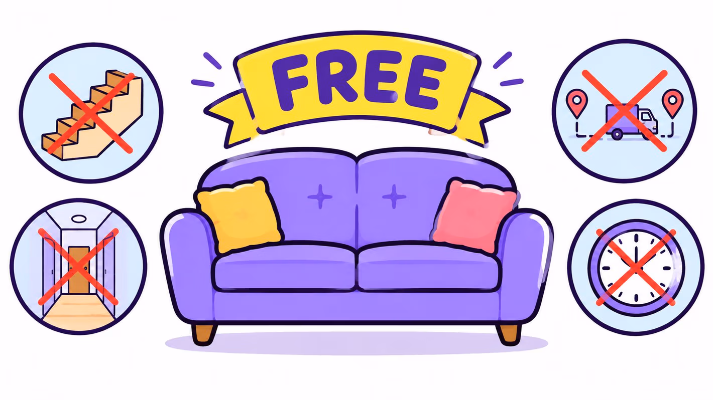 A graphic illustration of a purple sofa with free labels and icons representing limitations.