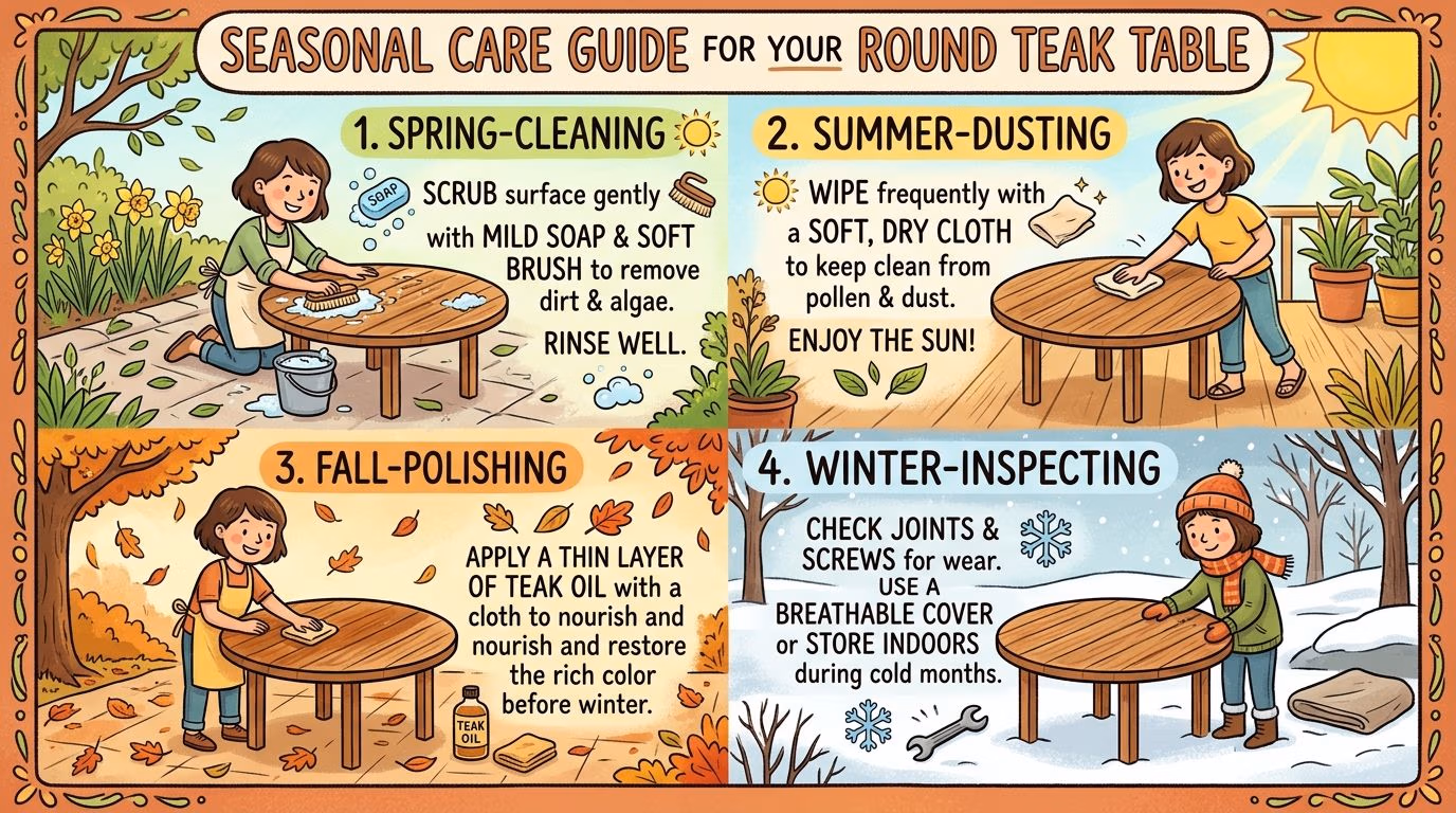 An illustrated seasonal care guide for a round teak dining table featuring cleaning, dusting, polishing, and inspection steps.