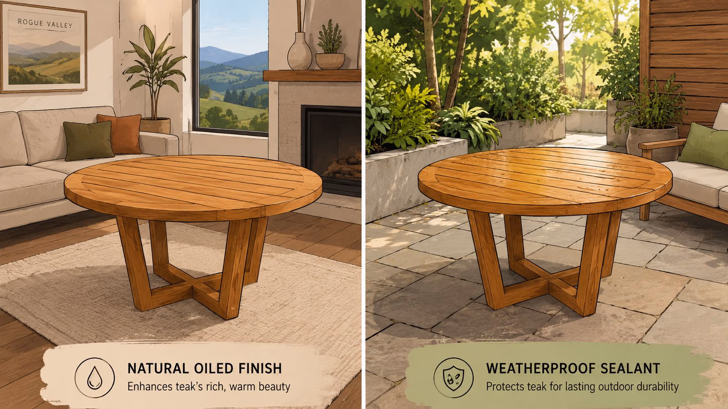 A split-screen comparison showing a round teak dining table in both an indoor living room and outdoor patio.