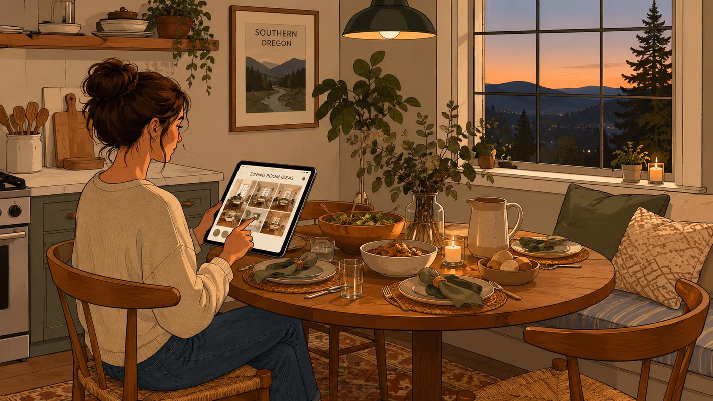 A young woman sits at a round wooden teak dining table browsing room design ideas on her tablet.