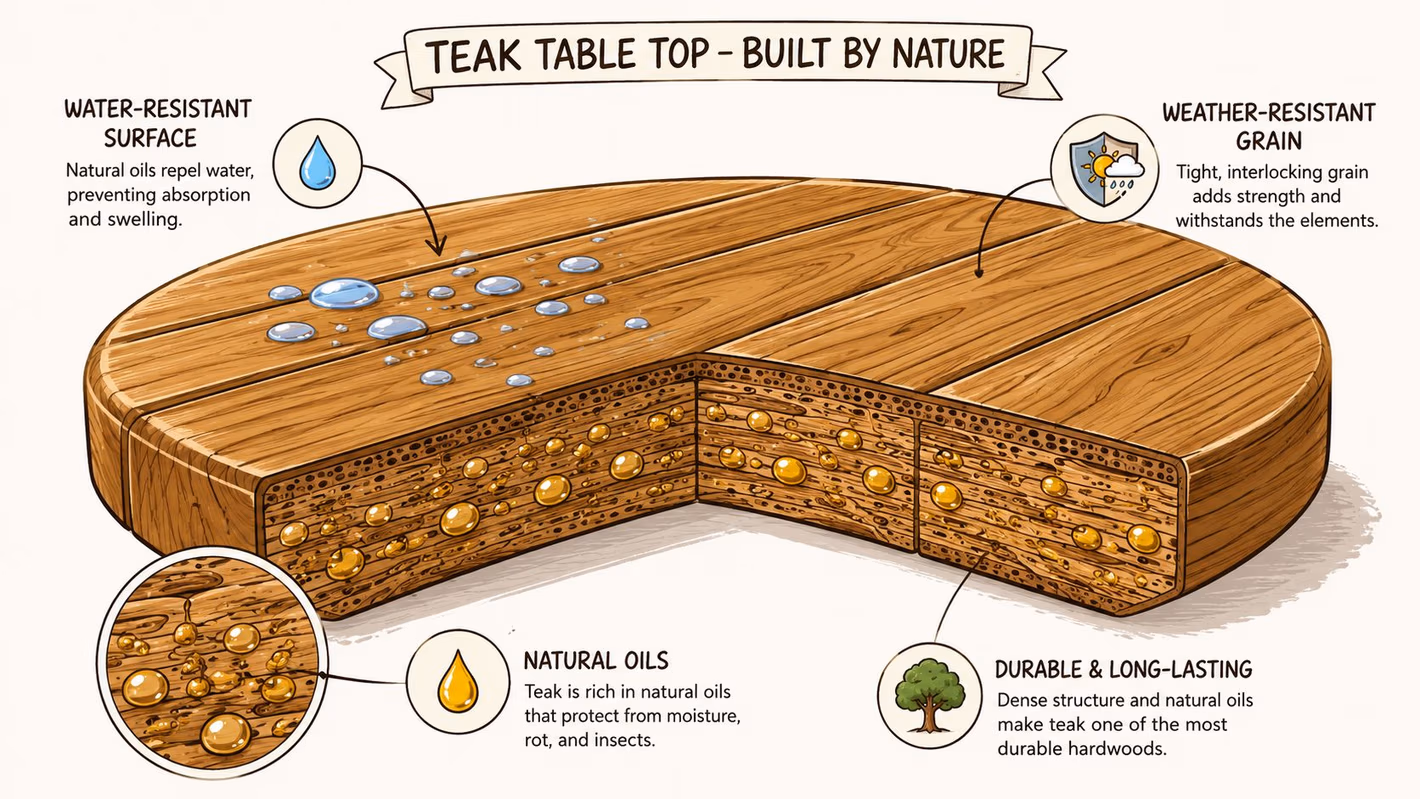An infographic showing the natural properties of a teak table top including water resistance and durability.