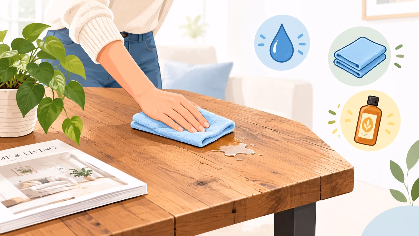 A person wiping a wooden table top with a cloth, with icons for water, towels, and cleaner.