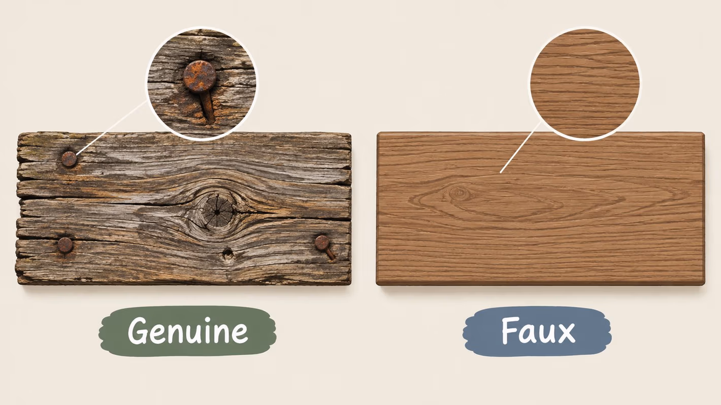 A side-by-side comparison showing a piece of weathered genuine barn wood versus a smooth faux wood panel.