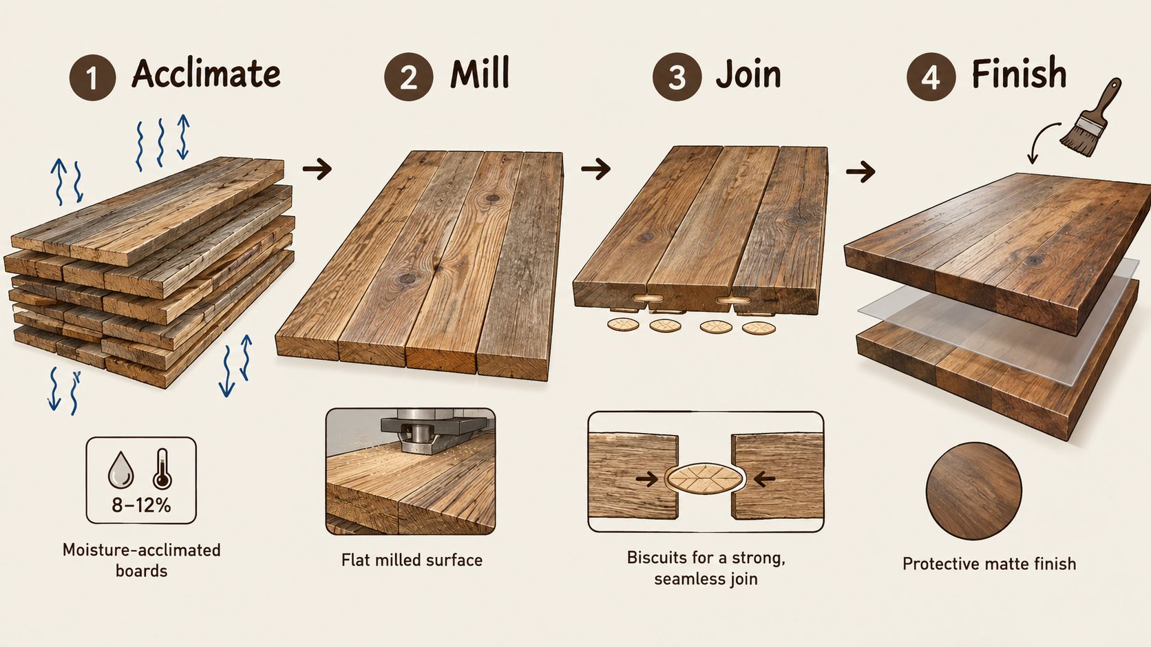 A four-step infographic illustrating the process of building a barn wood table top from acclimation to finishing.