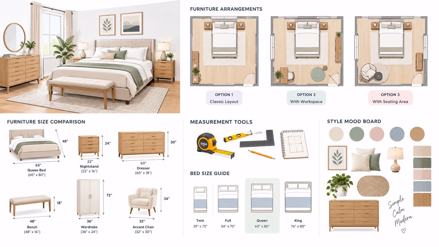 An infographic displaying bedroom furniture arrangements, size measurements for various pieces, and a stylish design mood board.