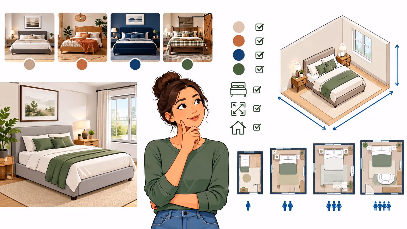A woman planning bedroom furniture layouts using various styles, color palettes, and top-down room floor plans.